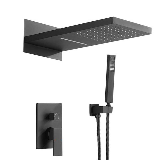 1-Handle 3-Spray Wall Mount Shower Faucet with 9 in. Waterfall Shower Head Shower Hand in Matte Black (Valve Included)